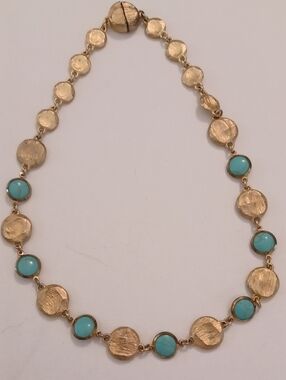 Gold-Tone Necklace with Turquoise Colored Cabochons and Magnetic Clasp
